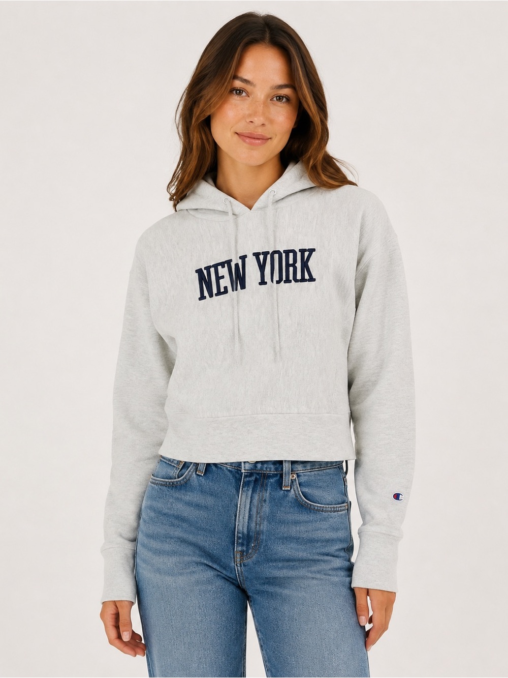 Champion Reverse Weave New York Cropped Hoodie in Light Heather Gray Women’s XS